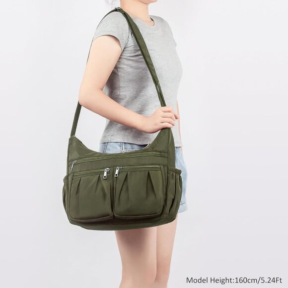 Women Army Green Nylon Water Resistant Anti Theft Travel Crossbody Shoulder Bag - Picture 2 of 7